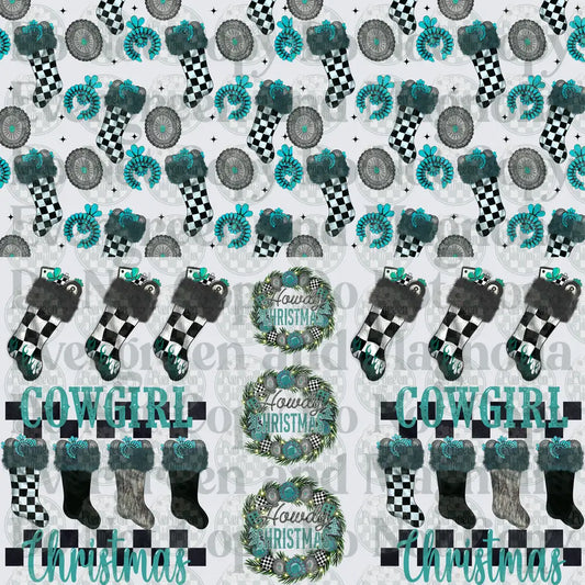Cowgirl Christmas Howdy Checkered Stockings Turquoise Set