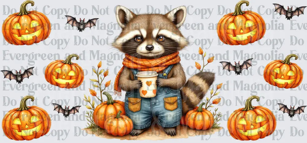 Cute Halloween Raccoon with Coffee Denim Overalls Pumpkins