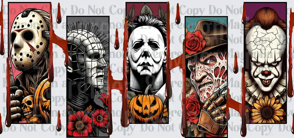 Horror Icons Panel Collage With Blood Drips and Roses