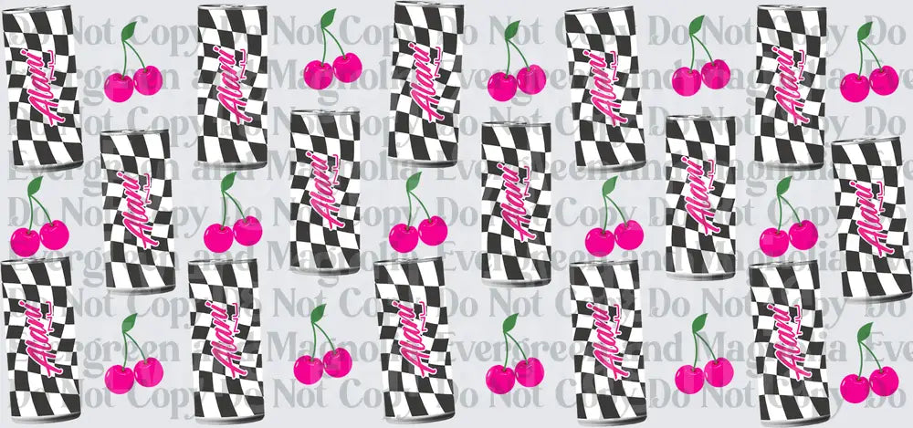 Checkered Energy Drink Cans Pink Cherries Pattern