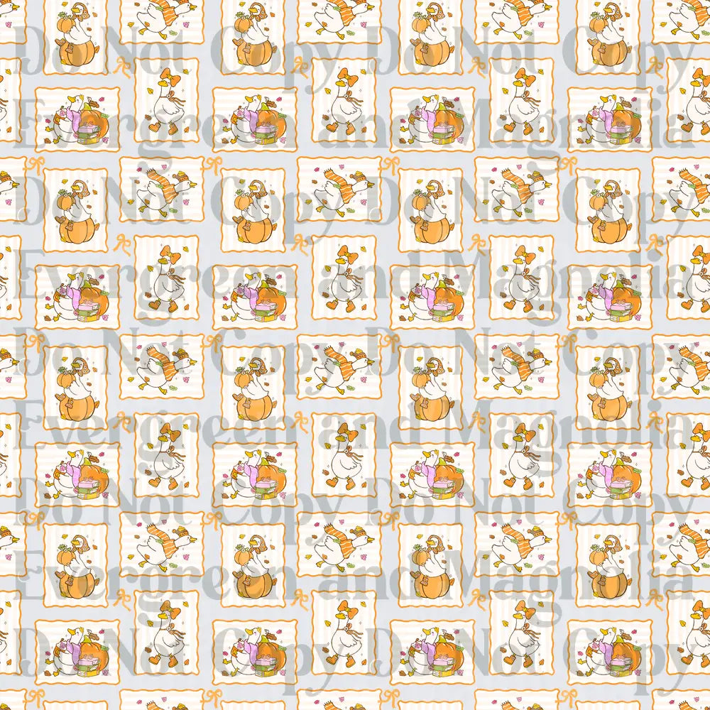 Autumn Geese Pumpkin Stamp Pattern with Falling Leaves