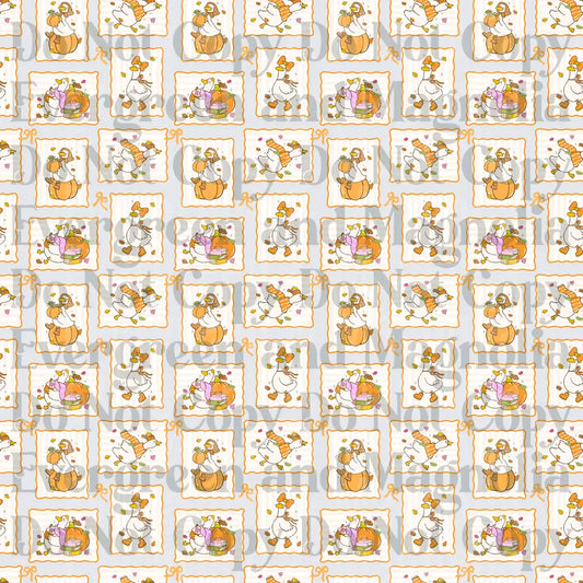Autumn Geese Pumpkin Stamp Pattern with Falling Leaves