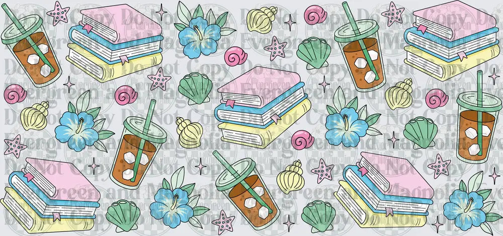 Pastel Books Iced Coffee Seashells Floral Pattern