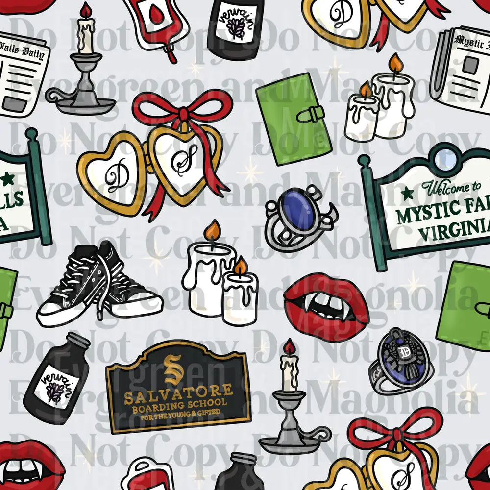 Mystic Falls Vampire Seamless Pattern Icons Collage
