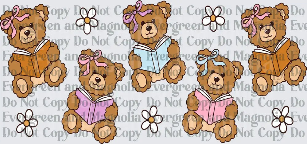 Cute Teddy Bears Reading Books with Bows and Daisies