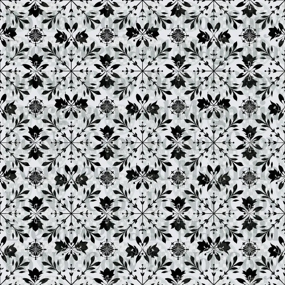 Black and White Floral Damask Tile Repeat Pattern