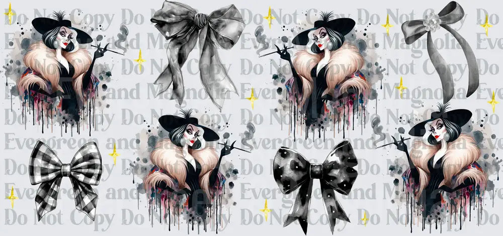 Glamorous Villain Diva with Fur Stole Bows Watercolor Gang