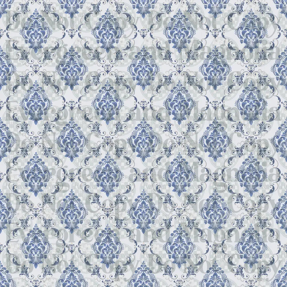 Blue and White Victorian Damask Floral Scrollwork Pattern