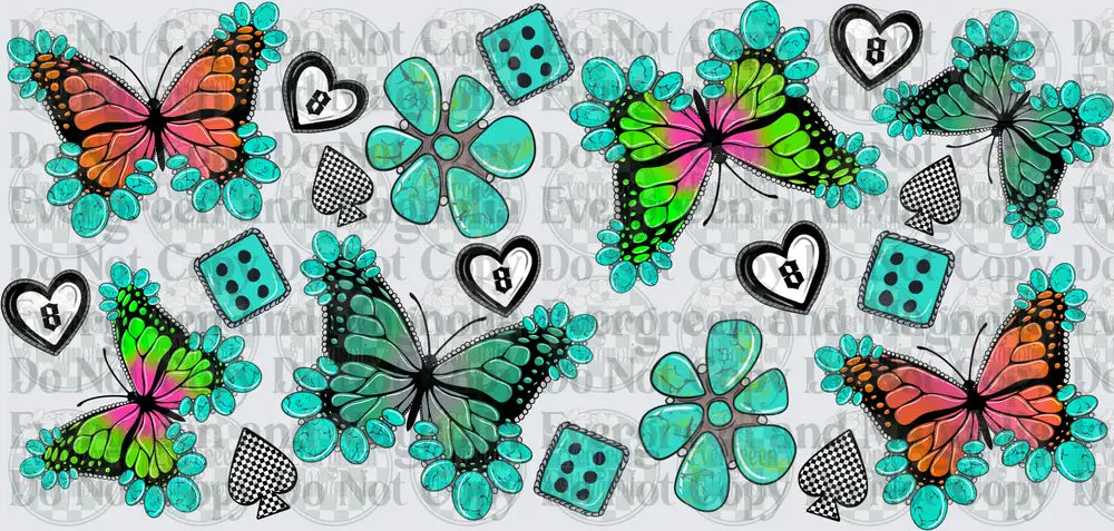 Turquoise Boho Butterflies Dice Hearts Spades Seamless Gang Sheet