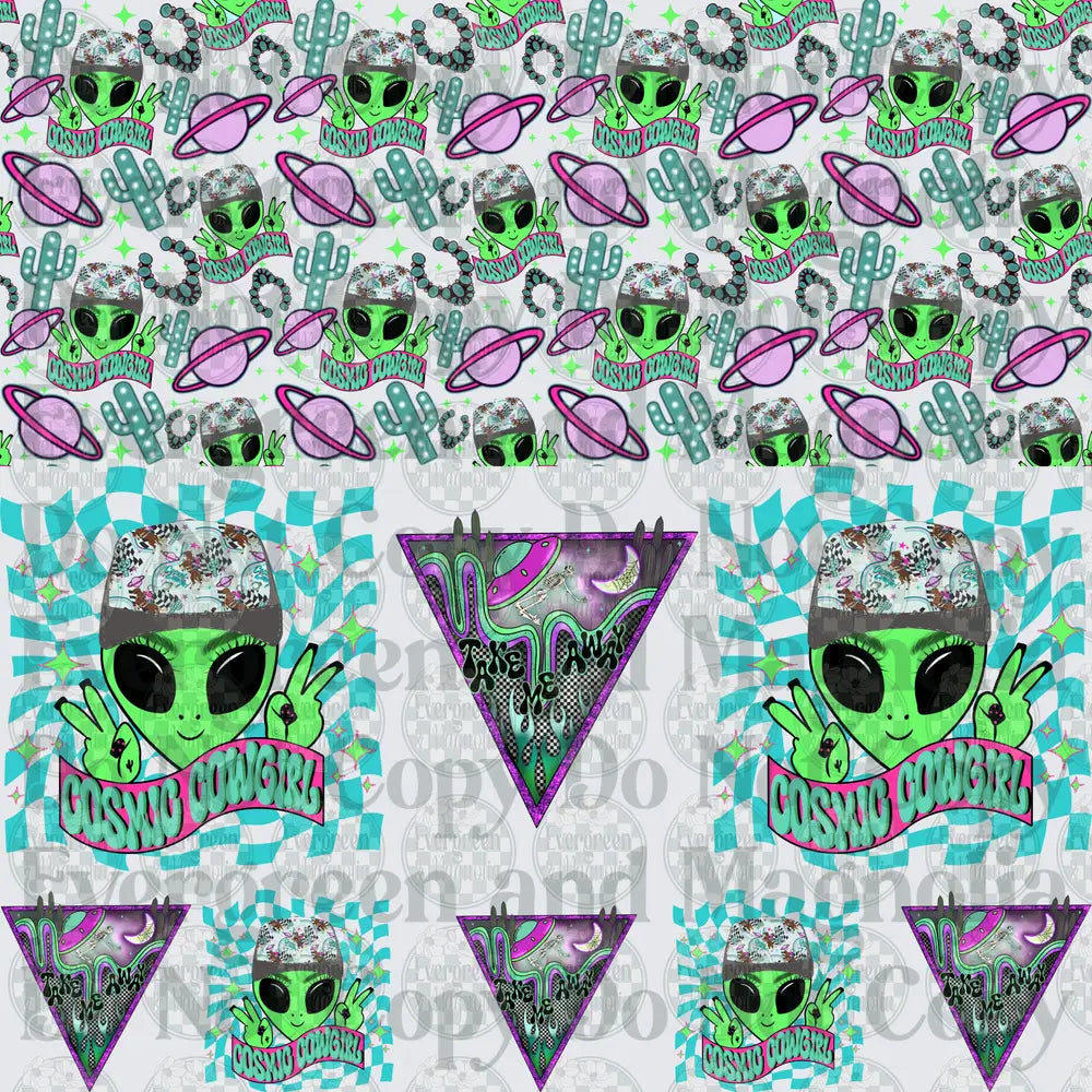 Cosmic Cowgirl Alien Peace Sign Checkered Pattern Bundle