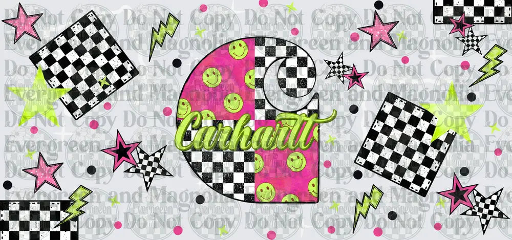 Retro Pink Checkered C Logo Smiley Face Lightning Stars