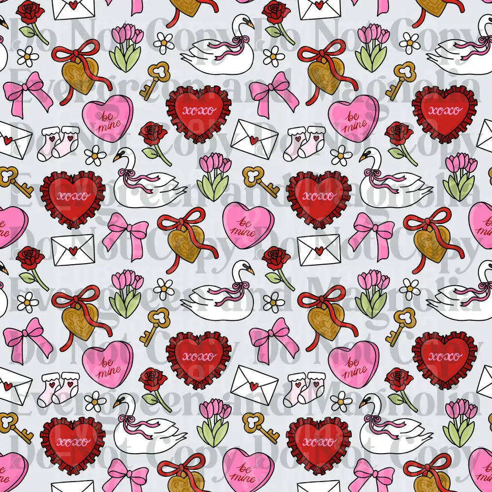 Valentine's Day Doodle Pattern Hearts Swans Roses Keys Bows