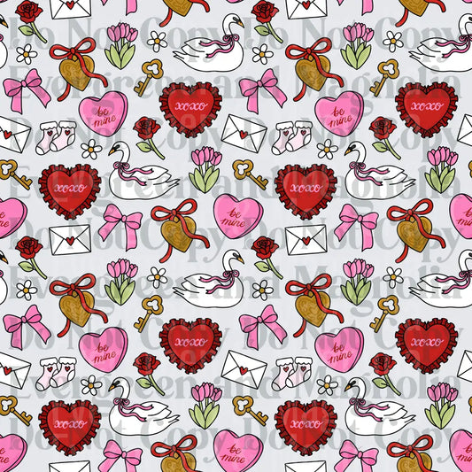 Valentine's Day Doodle Pattern Hearts Swans Roses Keys Bows