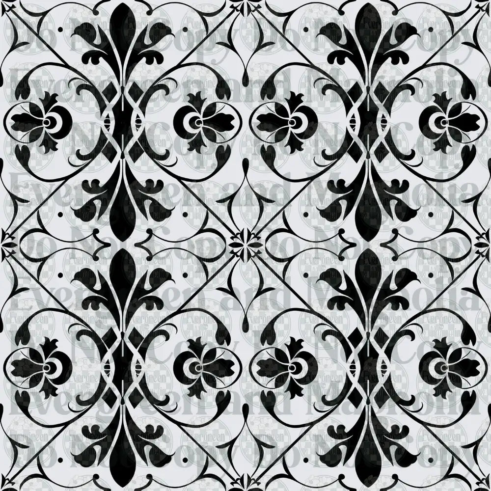 Black and White Victorian Damask Floral Tile Pattern