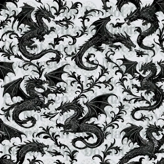 Black and White Medieval Dragons Floral Scroll Pattern