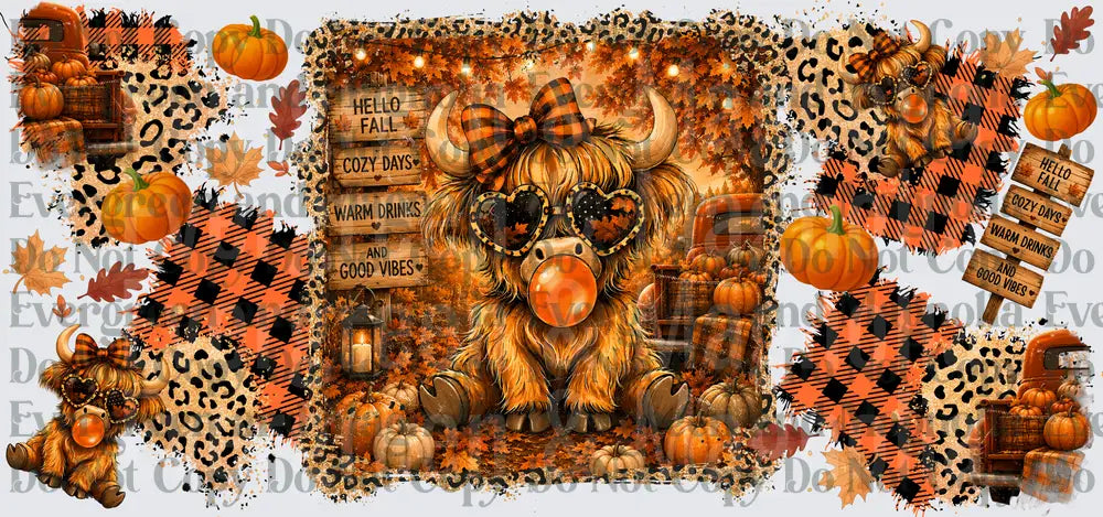 Hello Fall Highland Cow Bubblegum Pumpkin Leopard Plaid