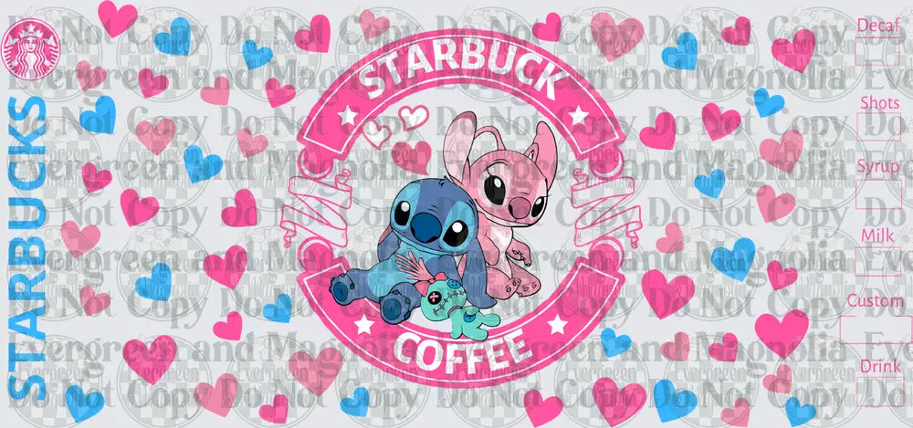 Stitch & Angel Coffee Cup Wrap Pink Hearts Love
