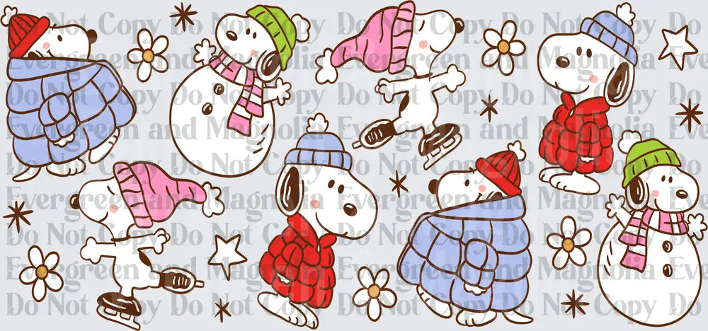 Cartoon Dog Winter Scene Ice Skating Snowman