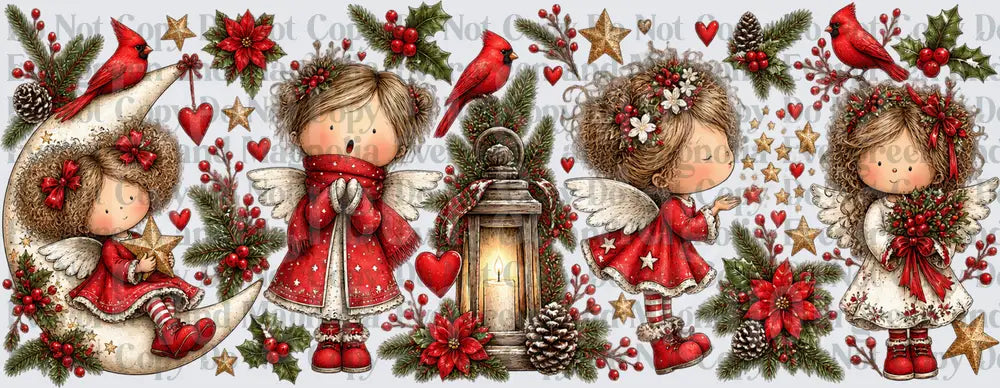 Christmas Angel Girls with Cardinals Holly and Lantern Sheet