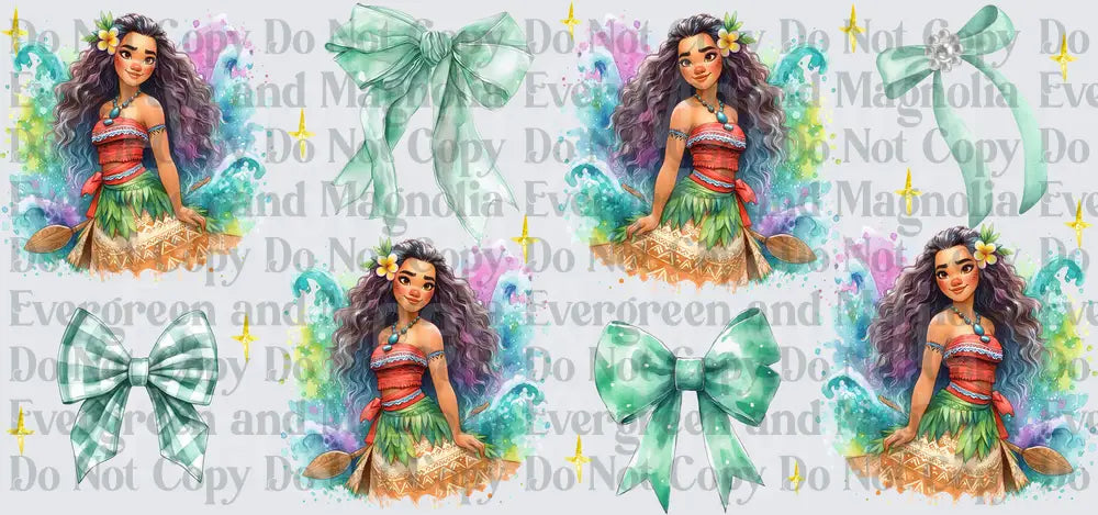 Polynesian Princess Watercolor Bows Coquette Gang Sheet