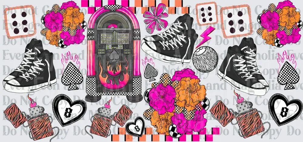 Retro Rockabilly Jukebox Sneakers Flowers Punk Collage
