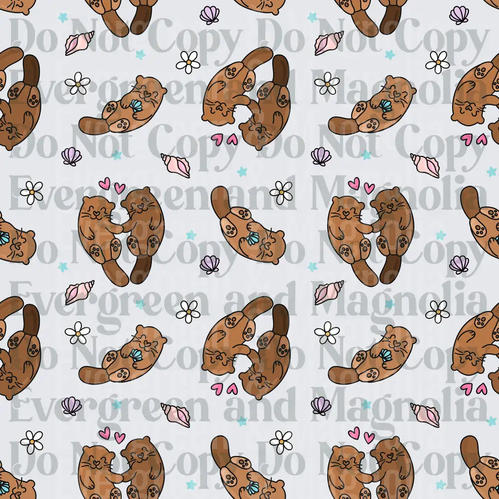 Cute Sea Otter Couples Holding Hands Pattern with Hearts