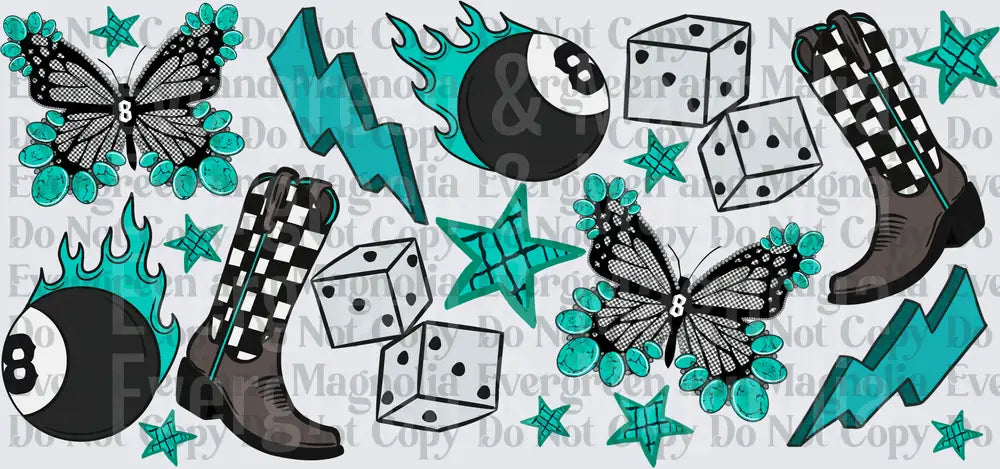 Teal Rebel Lucky Charm 8-Ball Butterfly Cowboy Boot Gang