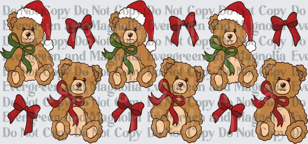 Christmas Teddy Bears Santa Hats Red Bows Holiday Gang