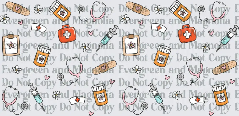 Cute Nurse Medical Icons Pattern Pink Hearts Doodle