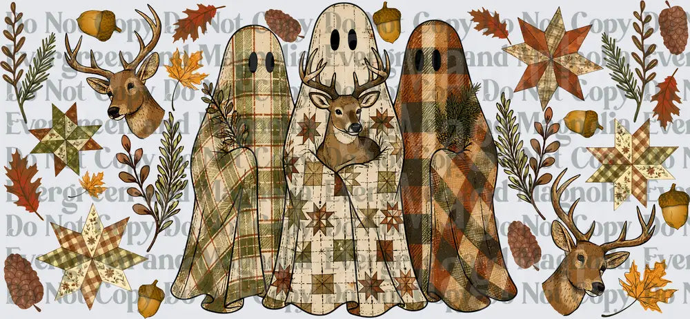 Rustic Fall Plaid Ghost Trio with Deer Autumn Elements