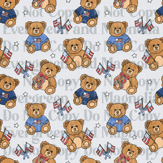 Patriotic Teddy Bear Seamless Pattern with American Flags
