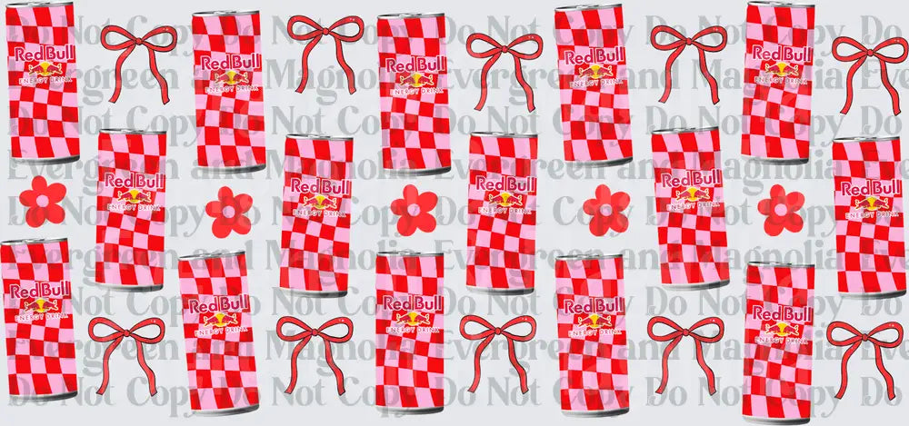 Pink Red Checkered Energy Drink Cans Bows Flowers Pattern