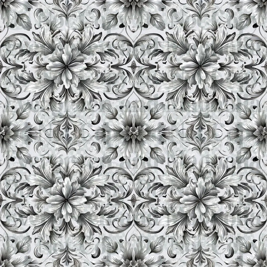 Black and White Baroque Floral Damask Repeat Pattern