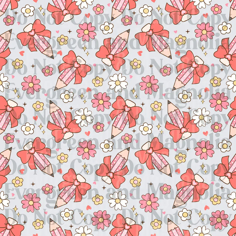 Coquette Bow Pencil Floral Hearts Seamless Pattern
