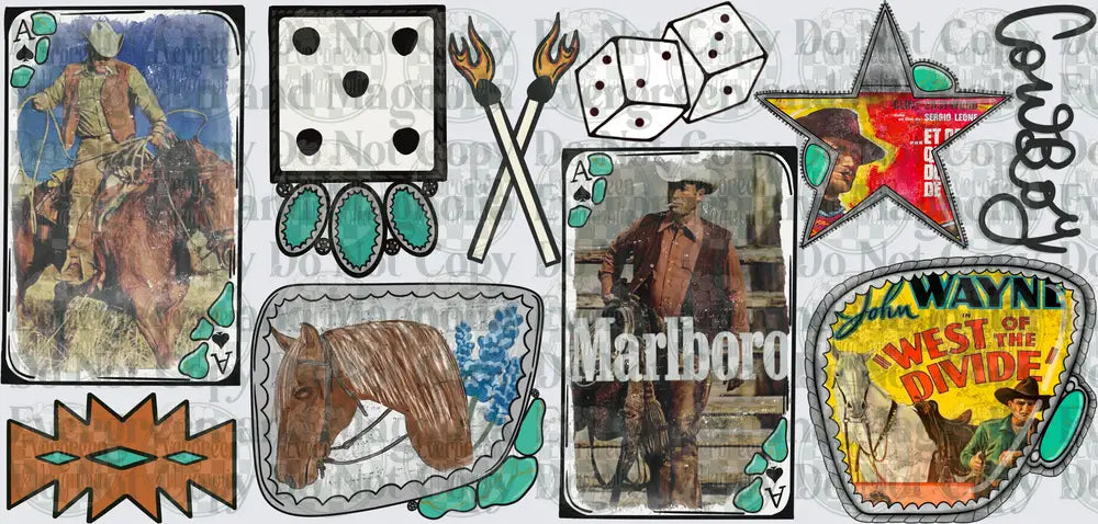 Western Cowboy Collage Ace Card Dice Matches Horse Belt Buckle