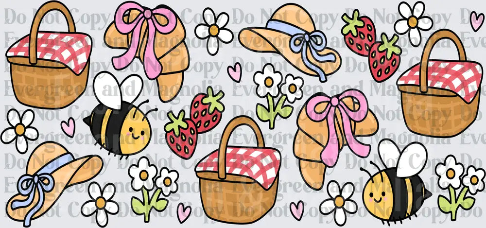 Cute Summer Picnic Bees Baskets Strawberries Daisies