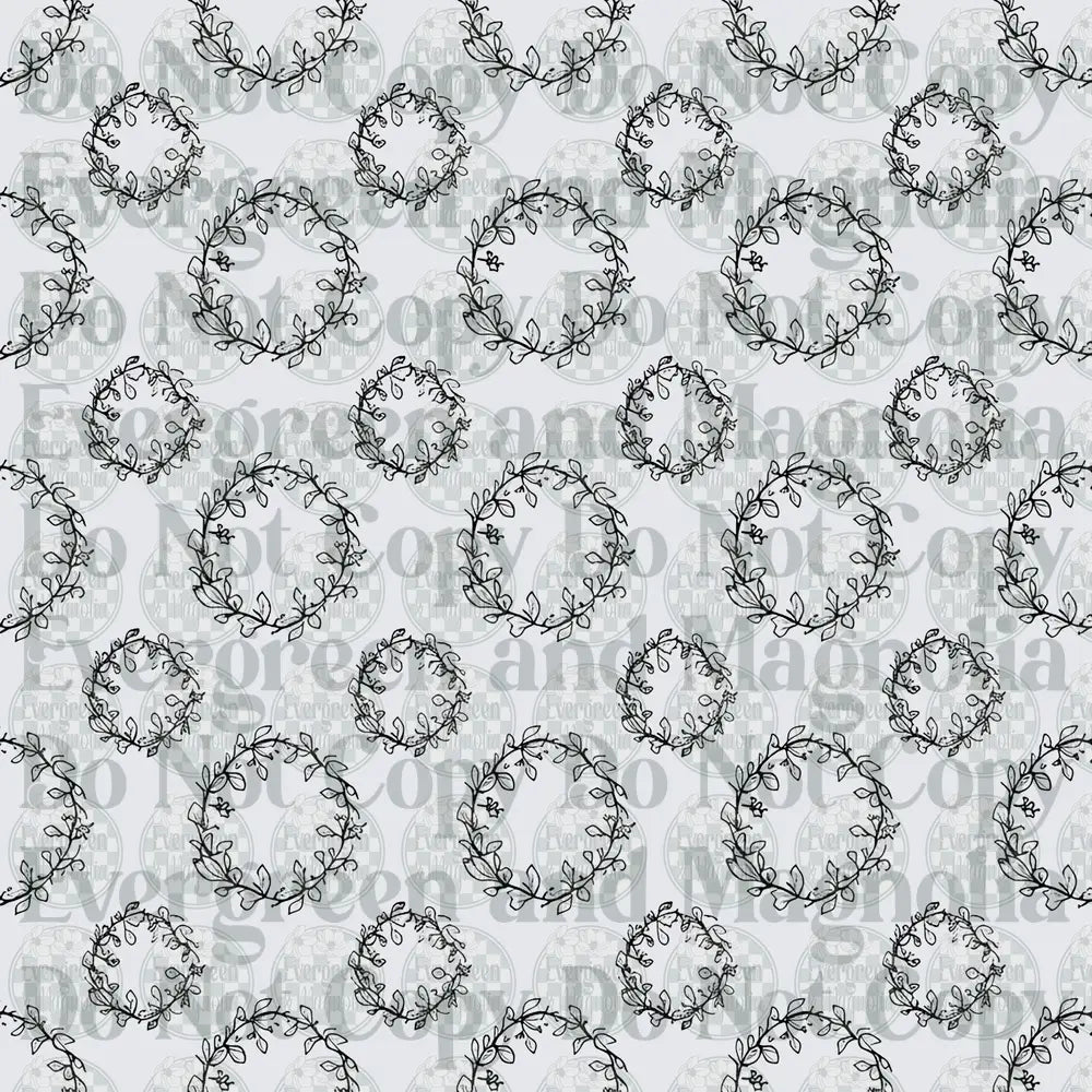 Black and White Hand Drawn Floral Wreath Repeat Pattern