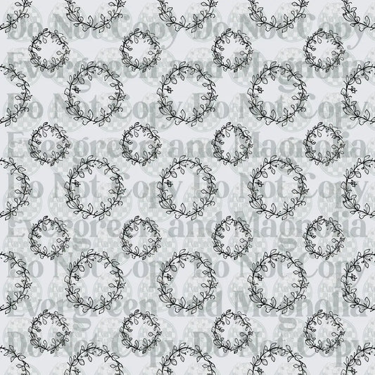 Black and White Hand Drawn Floral Wreath Repeat Pattern