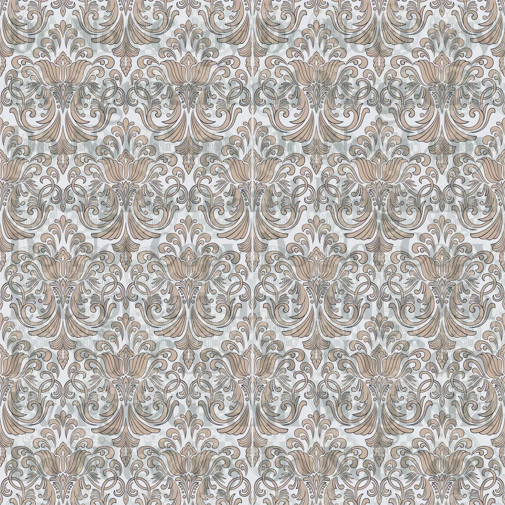 Taupe and White Victorian Damask Floral Scroll Pattern