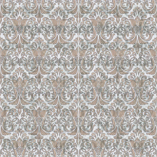 Taupe and White Victorian Damask Floral Scroll Pattern