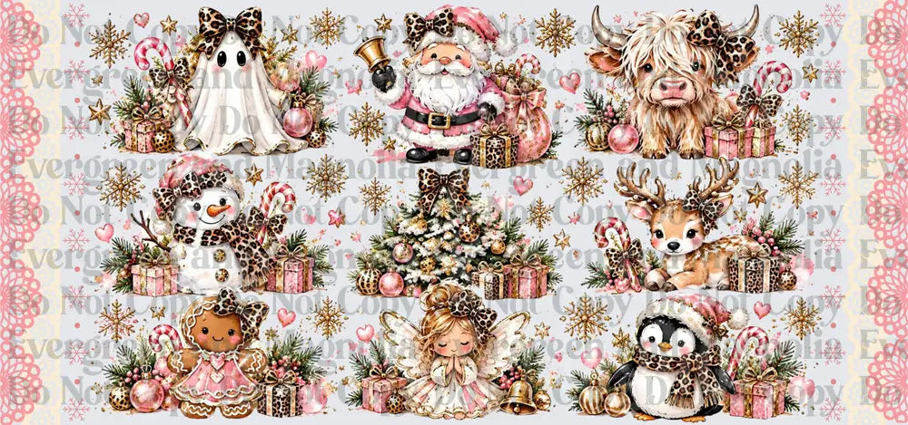 Pink Leopard Christmas Characters 9-Piece Holiday Gang Sheet