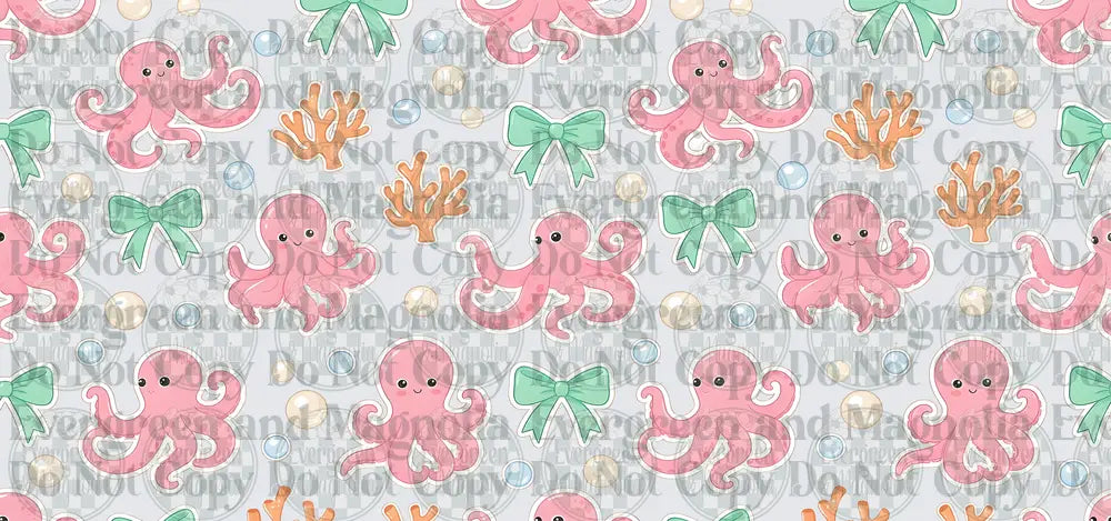 Cute Pink Octopus Pastel Ocean Pattern with Bows and Coral