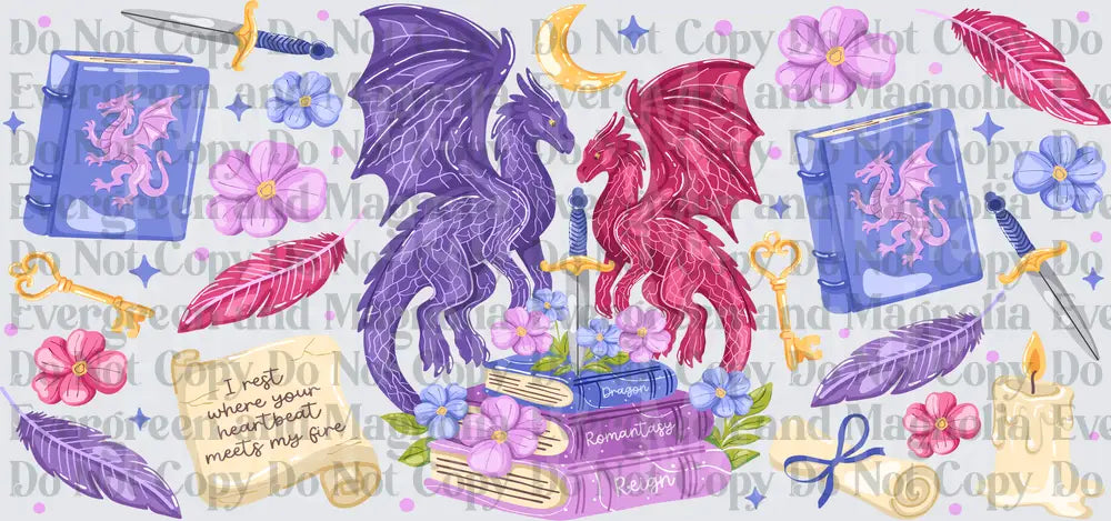 Fantasy Dragons Book Stack Romantasy Floral Scroll Design