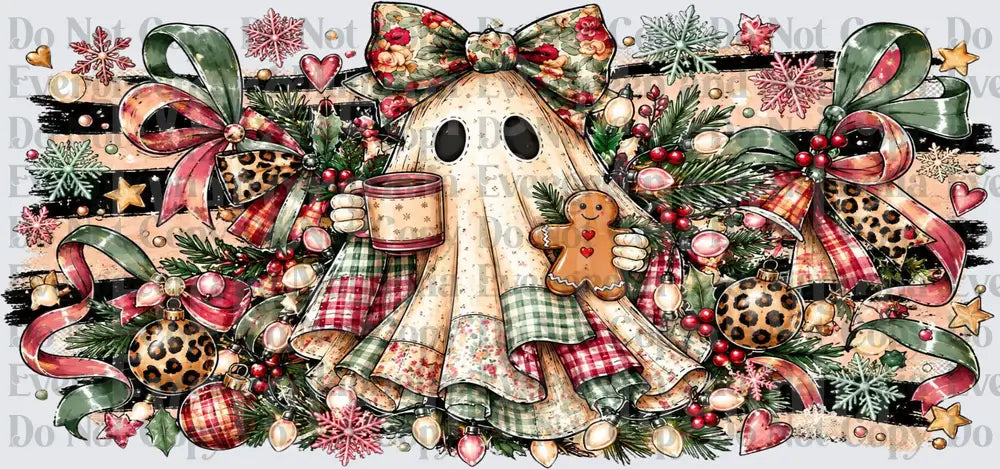 Cozy Christmas Ghost Holding Coffee & Gingerbread Cookie