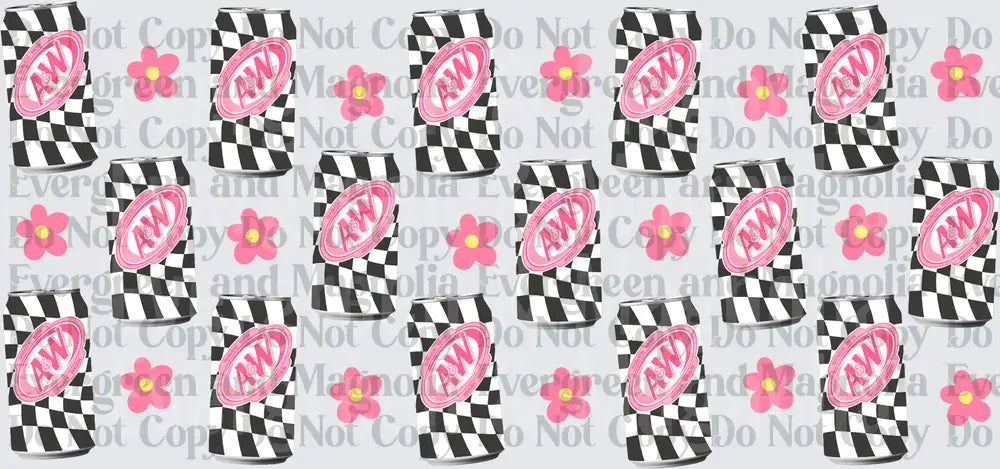 Black White Checkered Soda Cans Pink Flowers Pattern