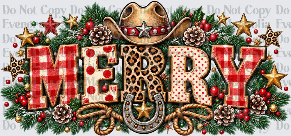Merry Western Cowboy Hat Leopard Plaid Christmas Greenery