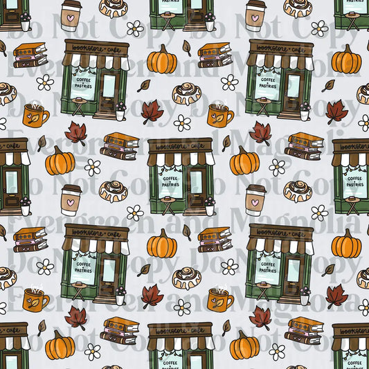 Cozy Fall Bookstore Cafe Seamless Pattern Pumpkins Coffee