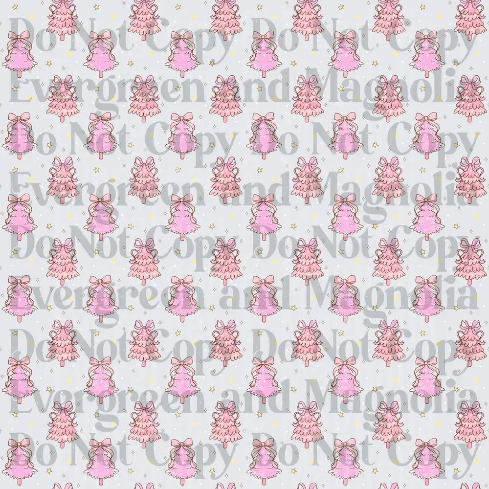 Pink Christmas Trees with Bows and Stars Seamless Pattern