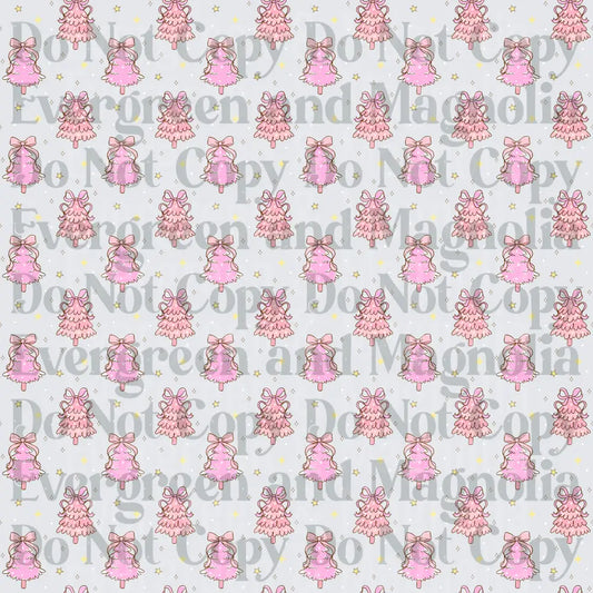 Pink Christmas Trees with Bows and Stars Seamless Pattern