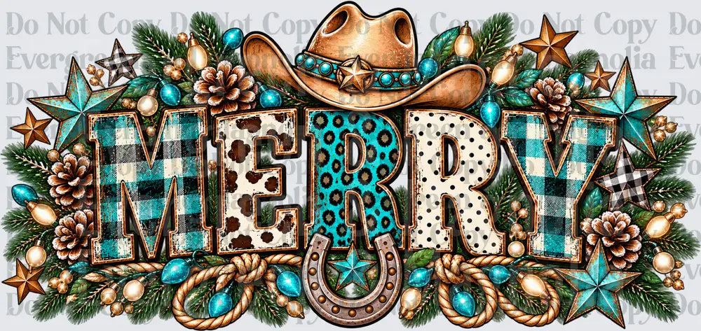 Merry Western Cowboy Hat Horseshoe Teal Plaid Christmas